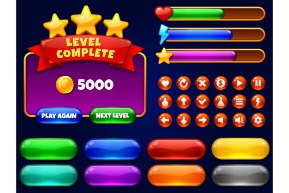 Game UI: Level Complete Menu with Golden Stars and Buttons for Enhanced Mobile Gaming Experience